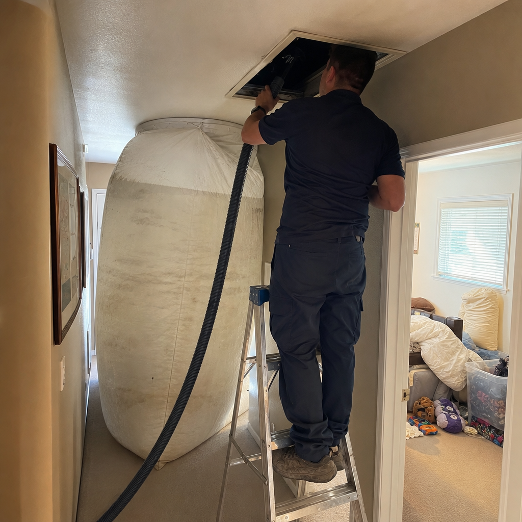 Technician performing professional residential air duct cleaning service with collection bag