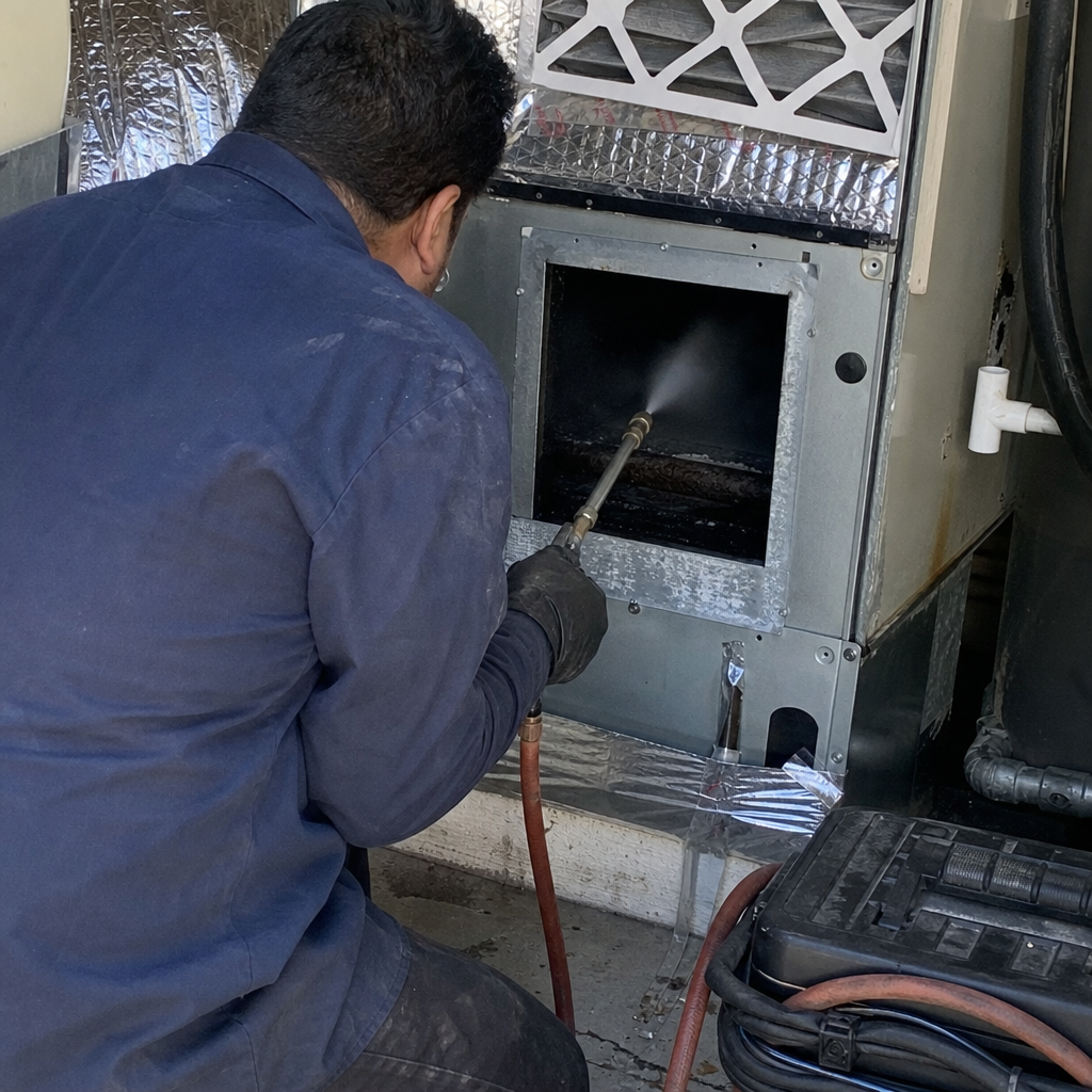 Technician performing professional HVAC air duct cleaning and sanitization services