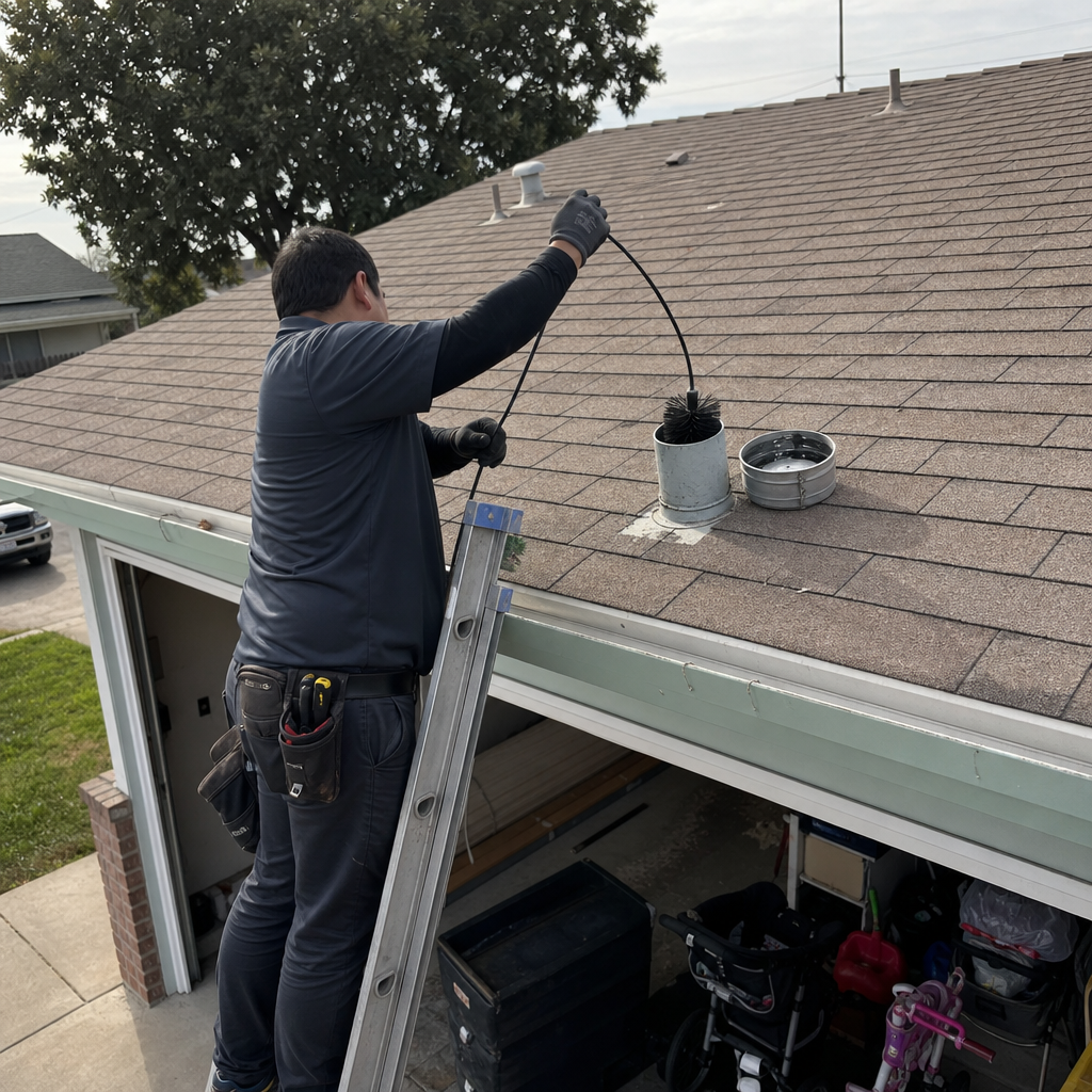 Technician performing professional dryer vent cleaning from the roof