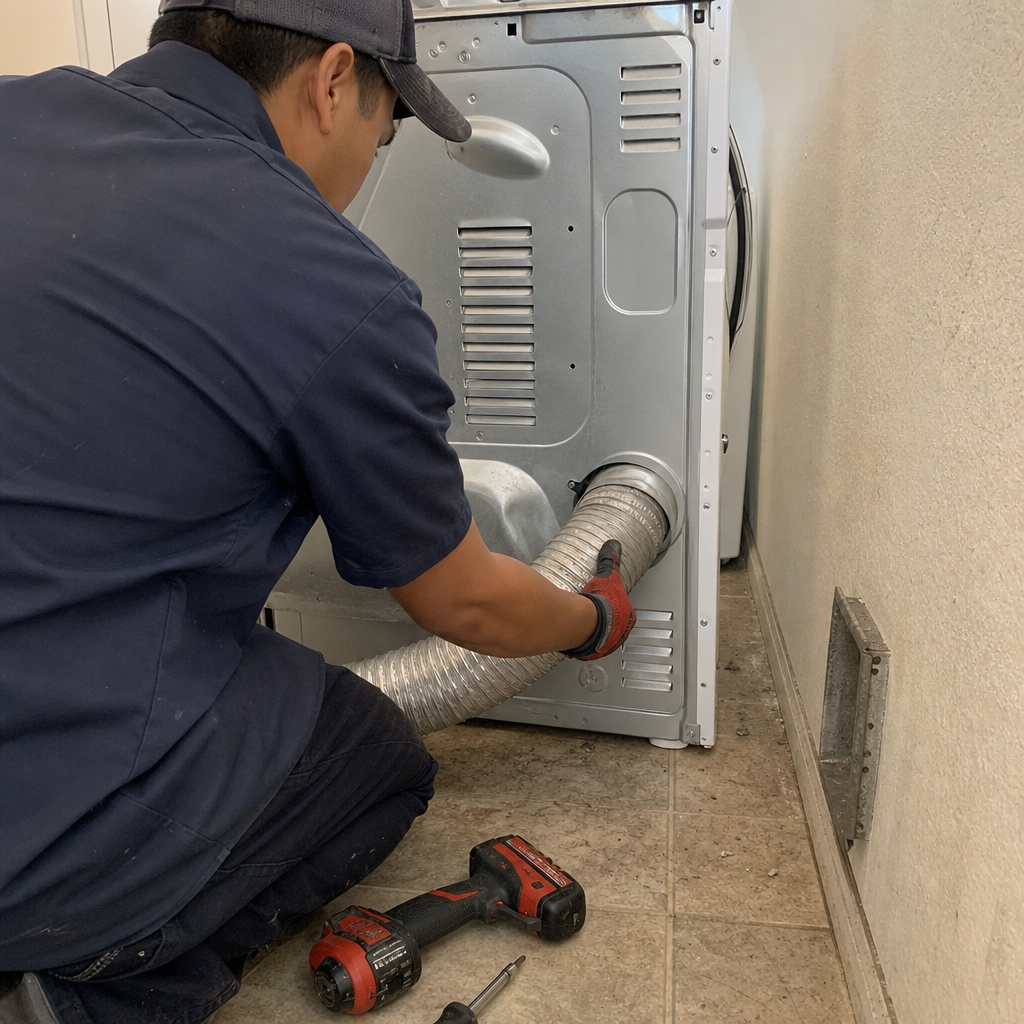 Technician connecting dryer vent hose for professional dryer duct cleaning service