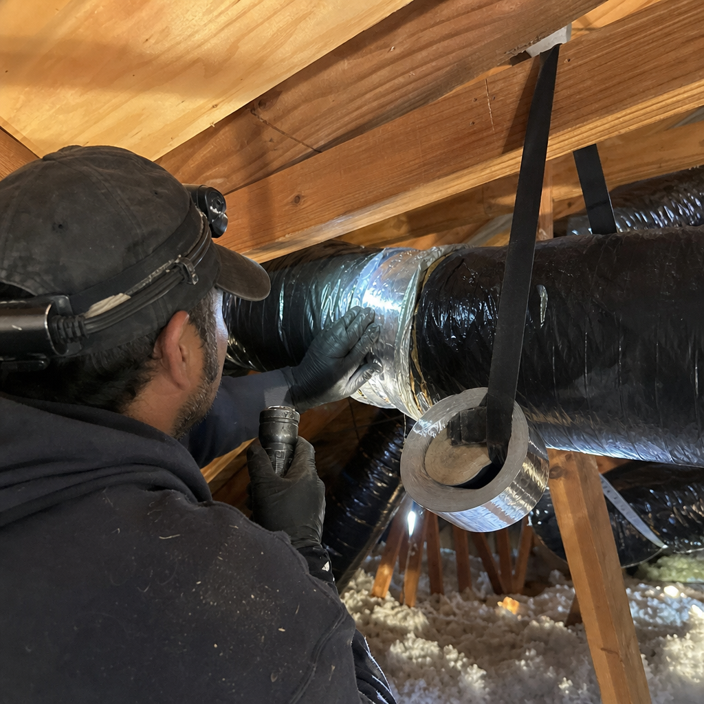 Technician performing professional air duct repair and sealing in an attic