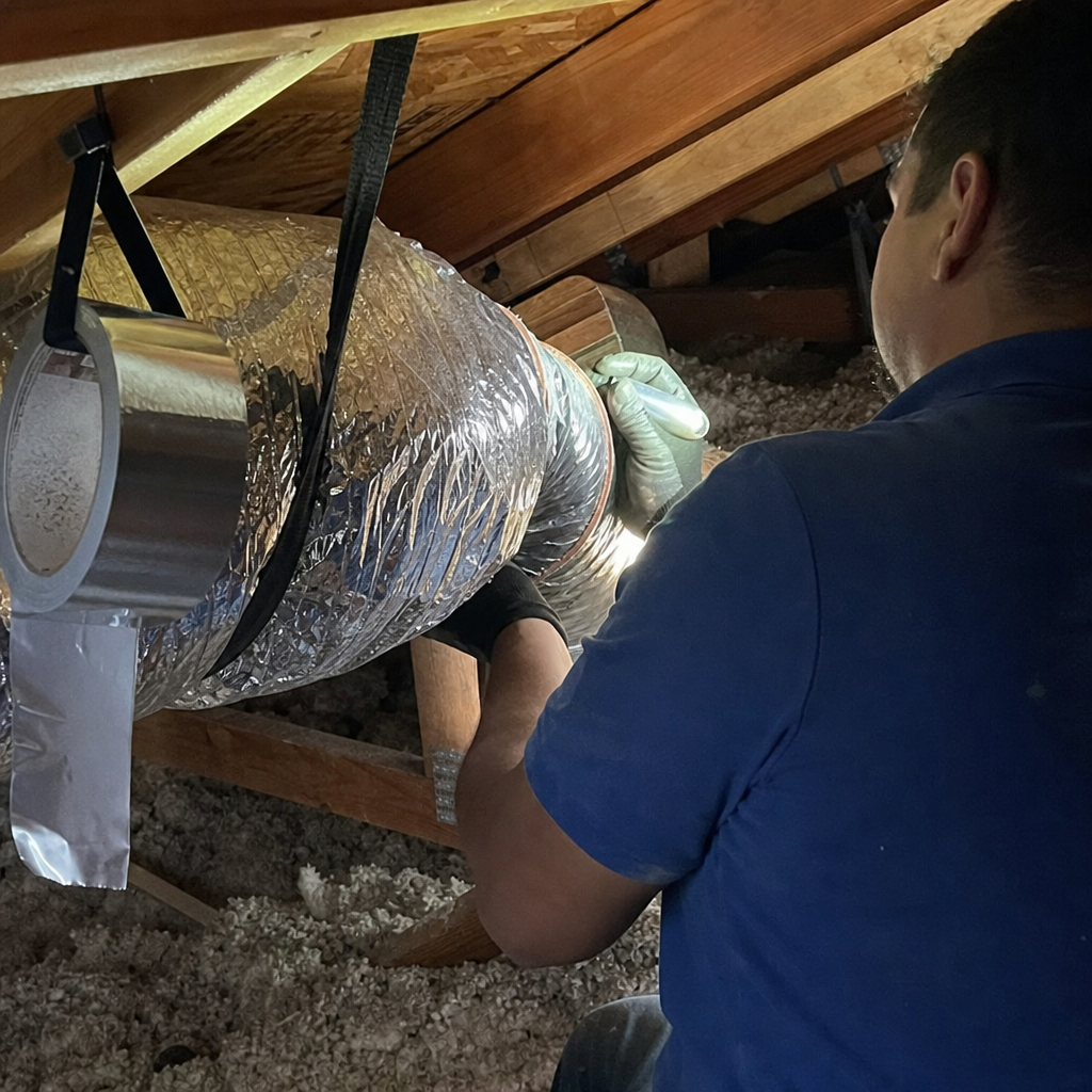 HVAC technician performing air duct repair and sealing in an attic