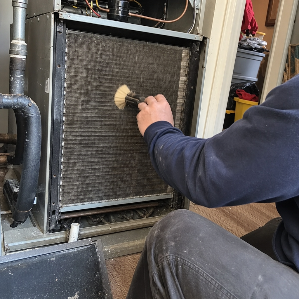 Technician performing professional HVAC cooling coil cleaning and maintenance