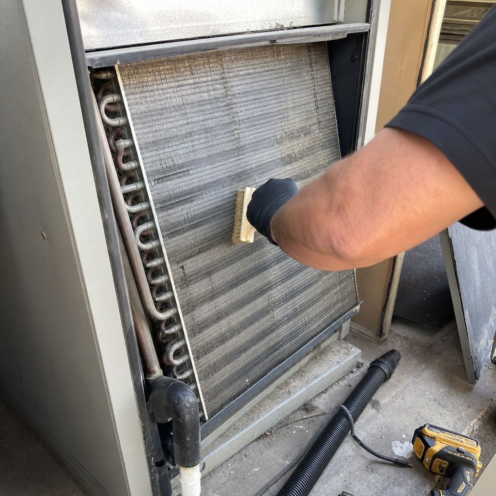 Technician using a brush to clean HVAC evaporator coils