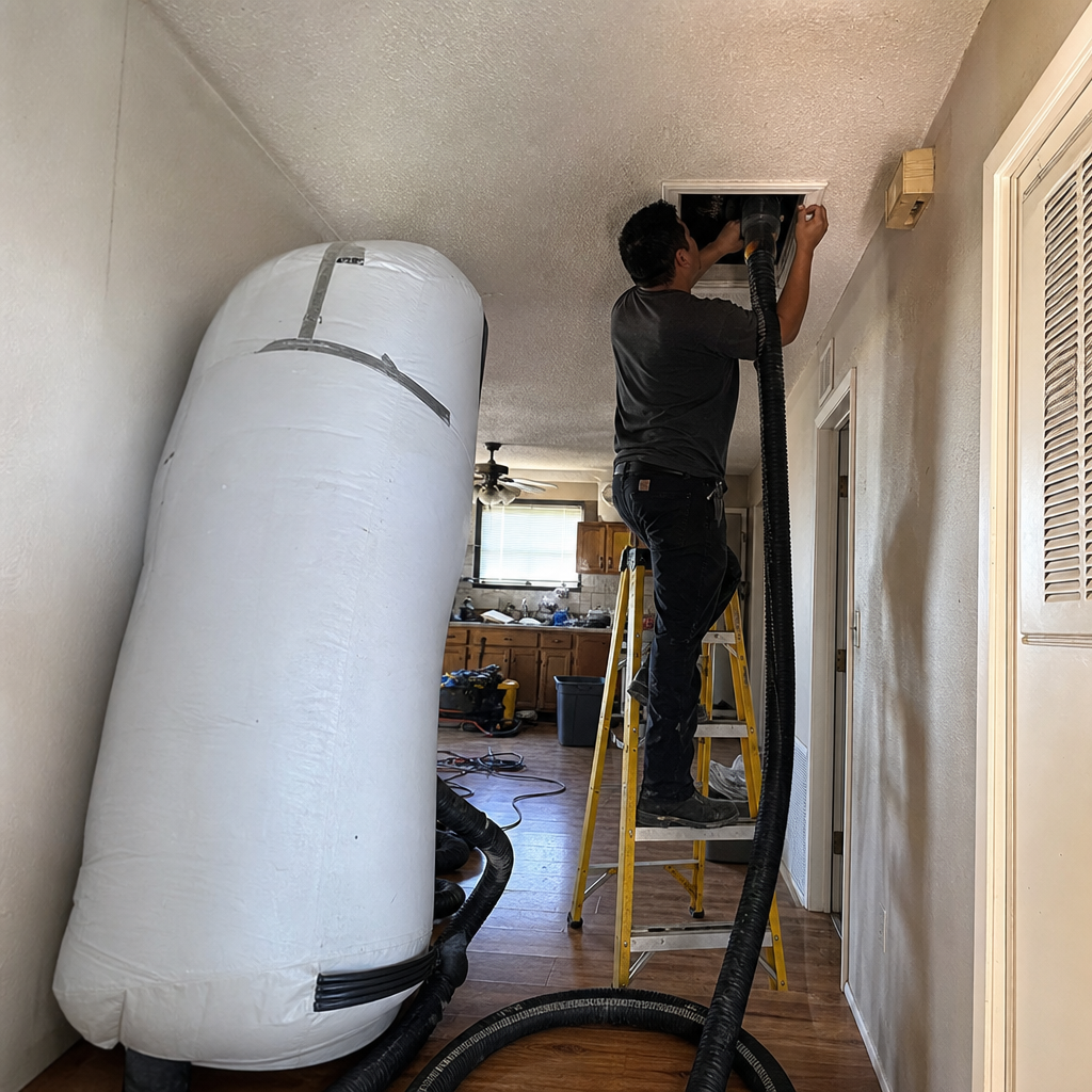 Technician using professional vacuum equipment for residential air duct cleaning service