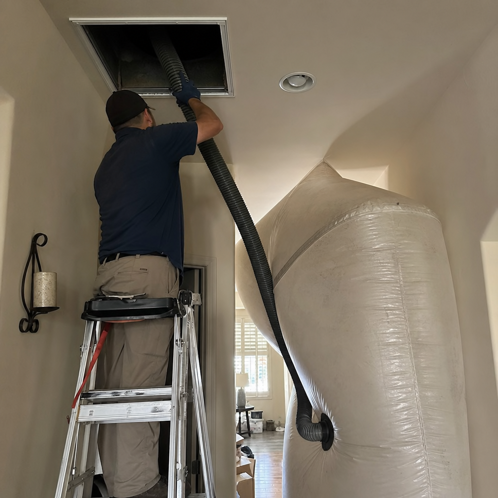 Technician using a vacuum hose to perform professional air duct cleaning