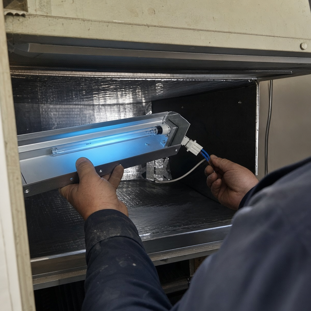 Technician installing UV light sanitizing system in HVAC air duct in Sacramento, CA