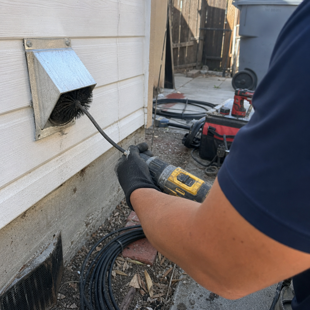 Technician using a rotating brush drill to clean a dryer vent